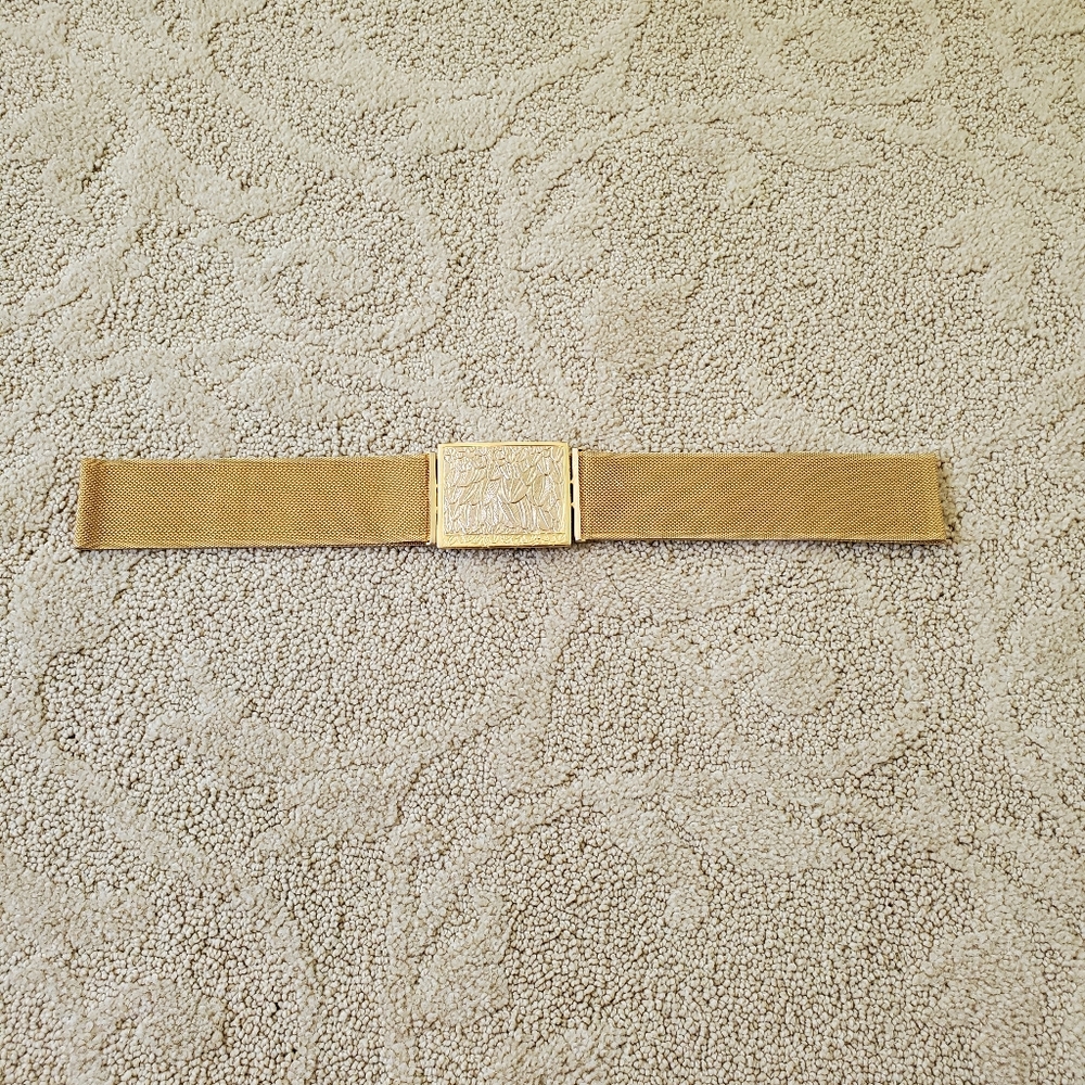 Vtg Mary Mcfadden Signed Belt Buckle And Gold Tone Mesh Belt